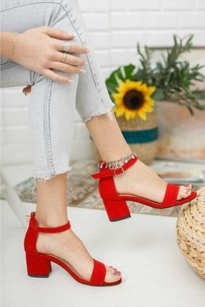 Zenne Tek Bant Kırmızı Süet Kalın Kısa Topuklu Ayakkabı GSN2227