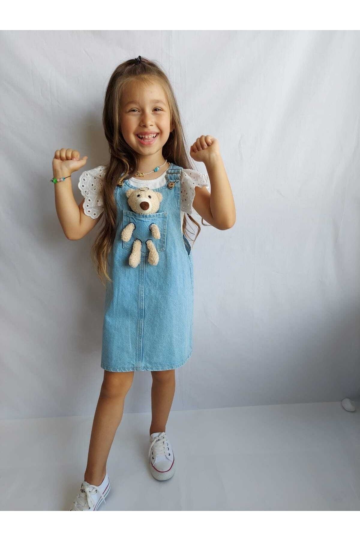 QUB EKER Girl s Teddy Bear Gilet Denim Dress Trendyol