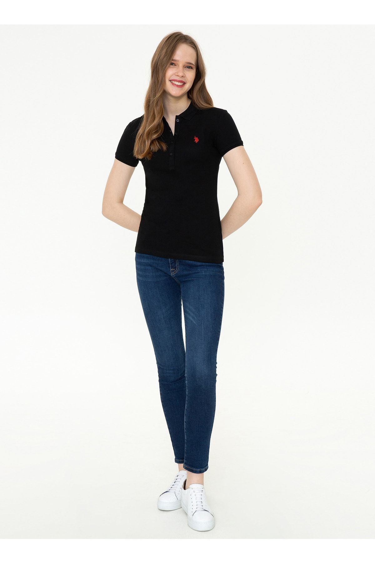 U.S. Polo Assn. تی شرت زنانه مشکی طرح استاندارد یقه پولو Gtp-ıy022