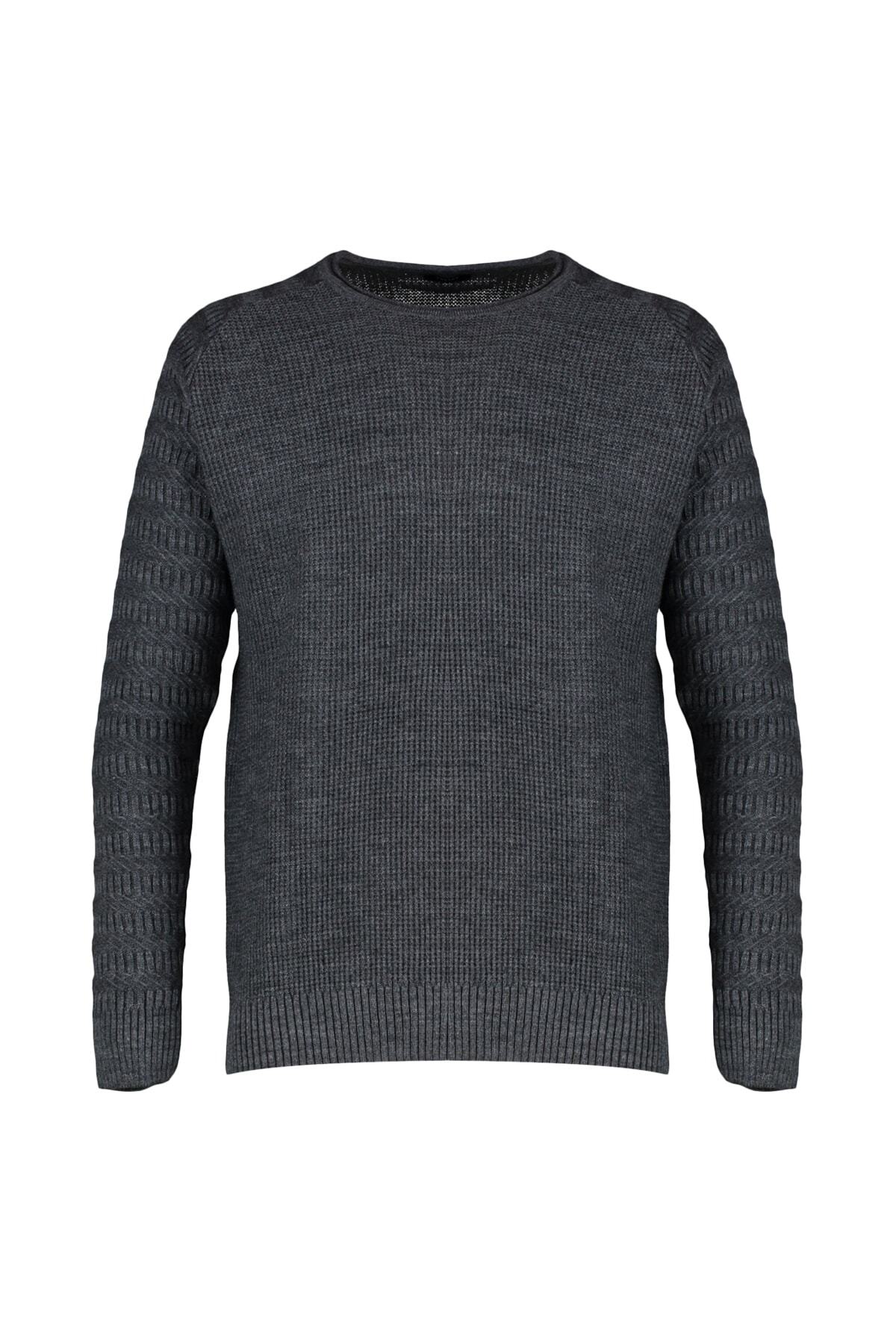 Trendyol Collection-Gray Patterned Slim Fit Knitwear Sweater - Crew Neck, Sleeve Texture, Tmnaw22Kz0380 7