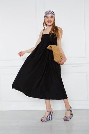 Siyah Ince Askılı Poplin Maxi Elbise 7B4R 5697
