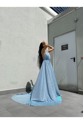 Özel Tasarım Simli Bebe Mavi Uzun Elbise 161