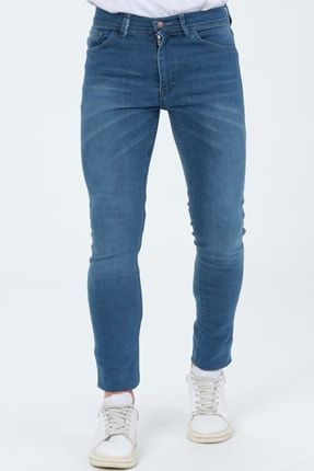 Erkek Mavi Düz Slim Fit Likralı Dar Kesim Normal Bel Jean Kot Pantolon 05