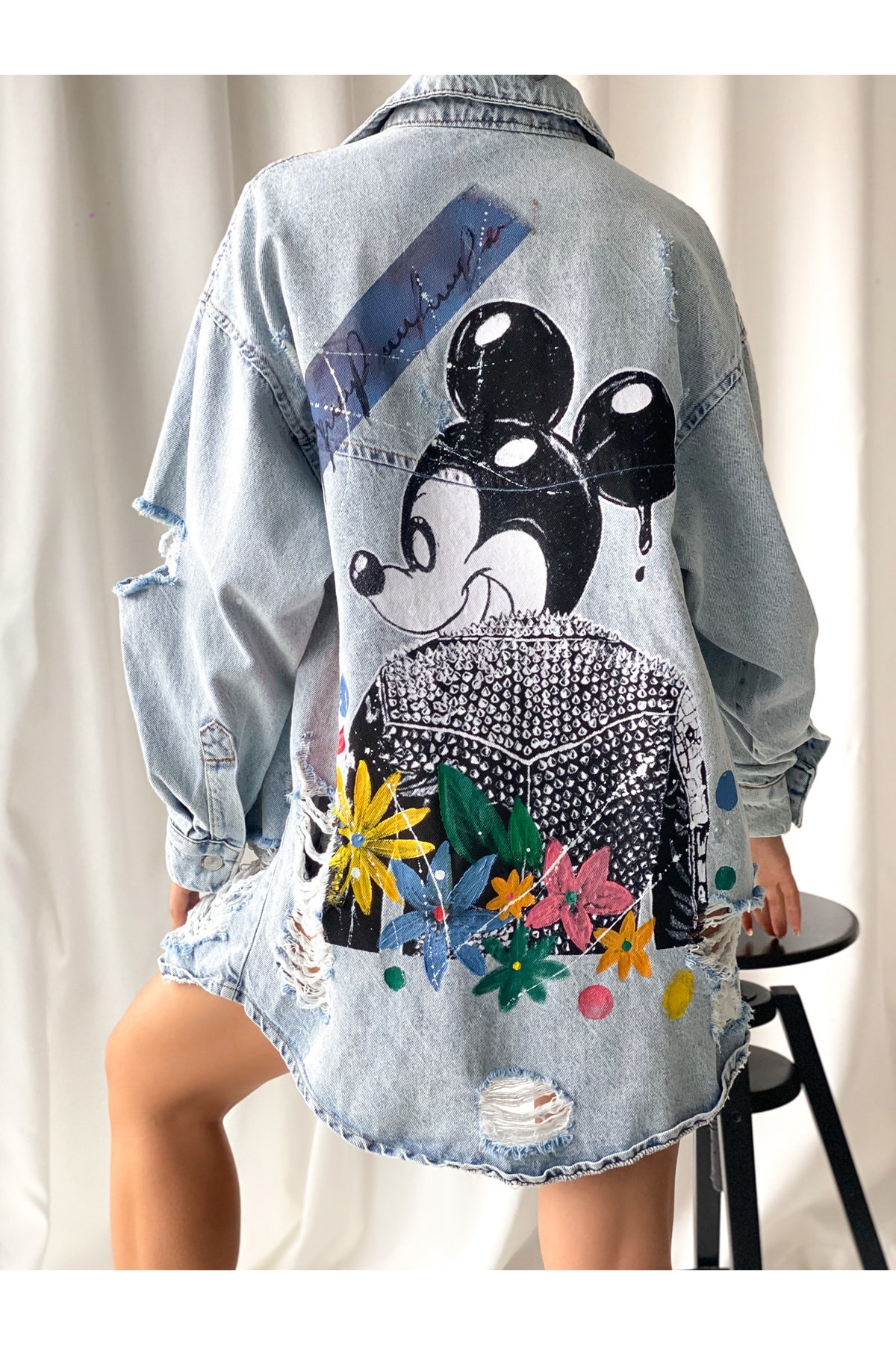 efstyle Asuars Tasarım Arkası Mickey El Boyaması Baskılı Kot Ceket