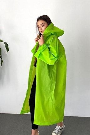 Unisex Kapüşonlu Çıtçıtlı Eva Su Gecirmez Kıyafet Üstü Şık Yeşili Yağmurluk 211049887YGLK
