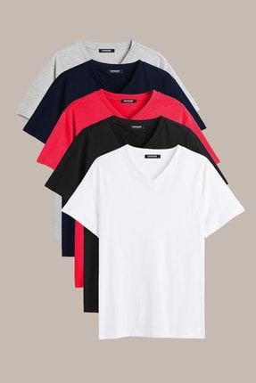 Erkek Çok Renkli T- Shirt Regular Fit Rahat Kesim V Yaka 5'li Basic Tişört Paketi CMREOV36-5