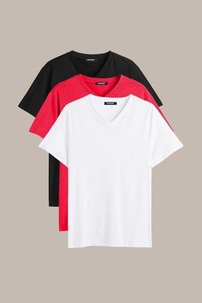 Erkek Çok Renkli T- Shirt Regular Fit Rahat Kesim V Yaka 3'lü Basic Tişört Paketi CMREOV36-3