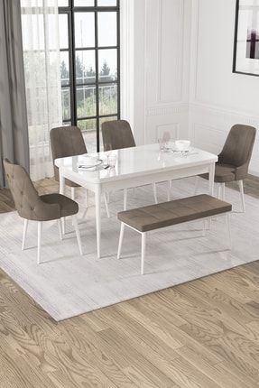 Alya Bench'li Açılabilir Beyaz Mdf Mutfak Masası Takımı 4 Cappucino Sandalye rvnalyabenchbyz99