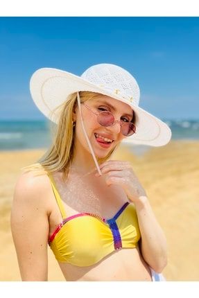 Kadın Hasır Model Merserize Zincirli Plaj Şapkası Hasır-YCY2220