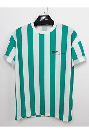 Erkek Yeni Sezon Yeşil Waffle Kumaş Şeritli Oversize T-shirt SLTR03