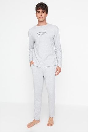 Erkek Gri Baskılı Regular Fit Örme Pijama Takımı TMNAW23PT00001