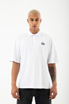 Oversize Cut Thte Crap Polo Yaka T-shirt Beyaz P1525