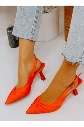 Nimes Kadın Oranj Düğüm Detaylı Arka Açık Topuklu Stiletto Ayakkabı FSNİMES
