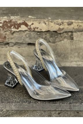 Kadın Gümüş Inci Detaylı Şeffaf Topuklu Ayakkabı 2022sff00003