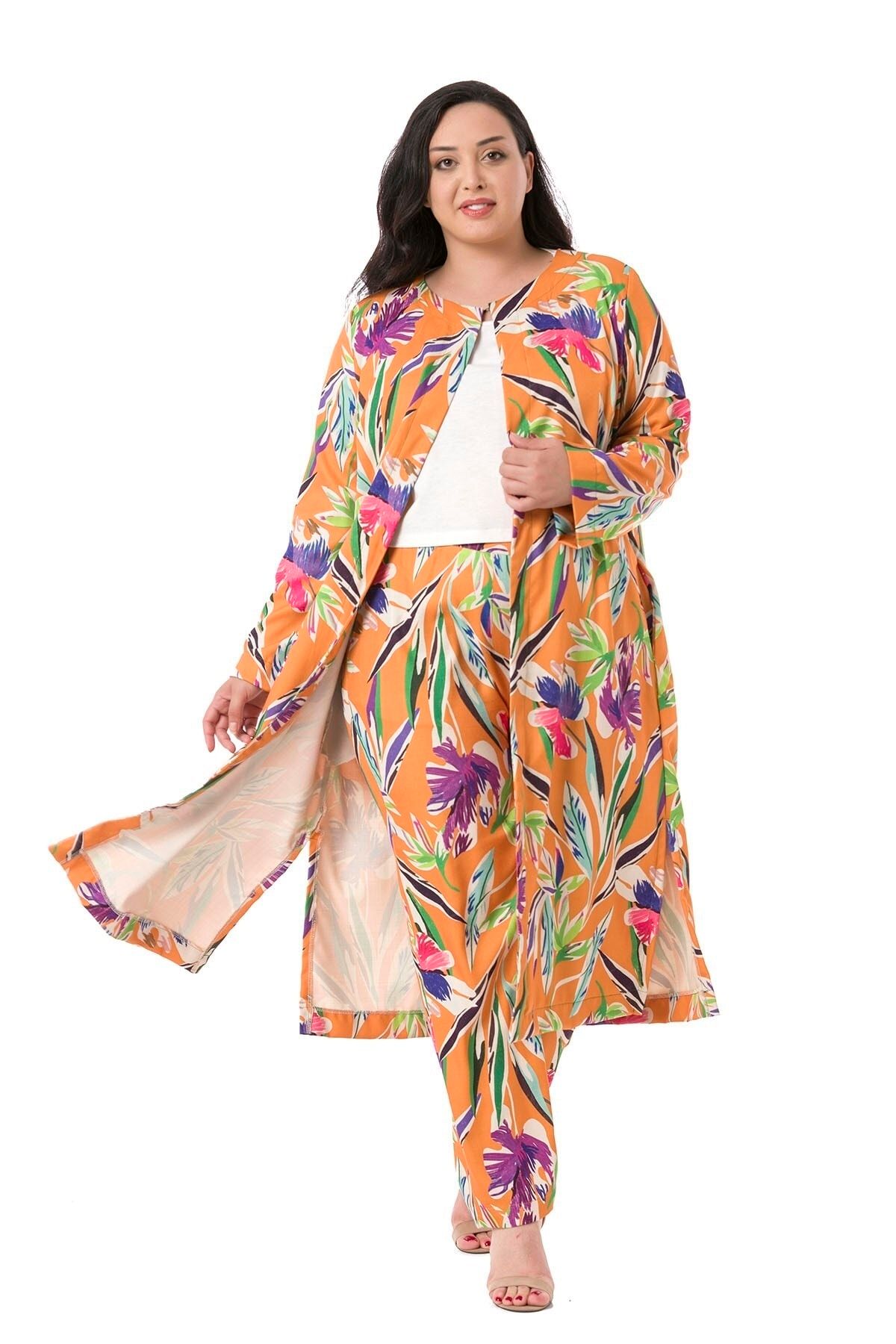 DISENTIS MODEST-Plus Size Leaf Printed Orange Trousers with Elastic Waist, Side and Back Pockets 4