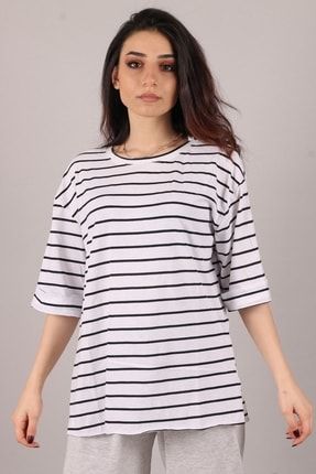 Yandan Yırtmaçlı Bisiklet Yaka Beyaz T-shirt WOO-99956