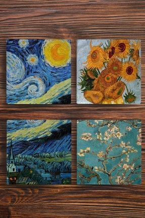 Doğal Taş Bardak Altlığı 4'lü Set - Vincent Van Gogh Eserleri bardakaltı225