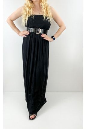 Siyah Straplez Şifon Elbise SS22010263