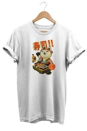 Kedi Sushi Baskılı %100 Pamuk Oversize Dijital Baskılı T-shirt rmz52420b