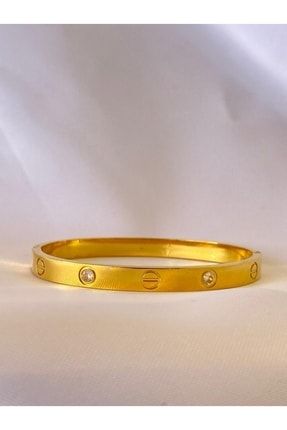 Cartier Çelik Kelepçeli Zirkon Taşlı Gold Bileklik 1548796584265