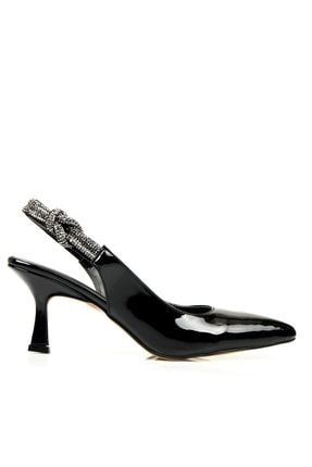 Taş Aksesuarlı Siyah Rugan Topuklu Kadın Ayakkabı 3415sr