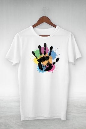 Beyaz - Touch Hand Fıve Colors Illustrasyon Çizim - Vip Tasarım Tshirt GSC-124