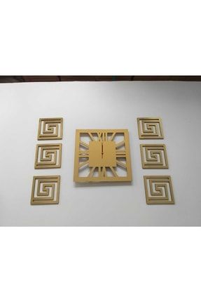 Gold 3 Lü Set Duvar Saati Simetri Tablolu Kare Roma Rakamlı Mdf Üzeri Aynalı Pleksi Ev Dekorasyonu 3800100pltgold