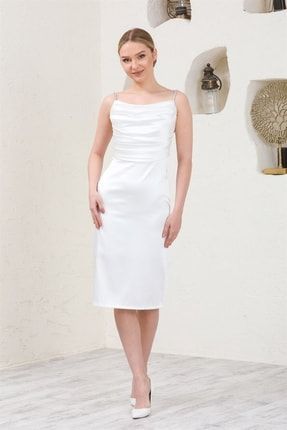 Beyaz Askılı Saten Abiye Elbise L001237
