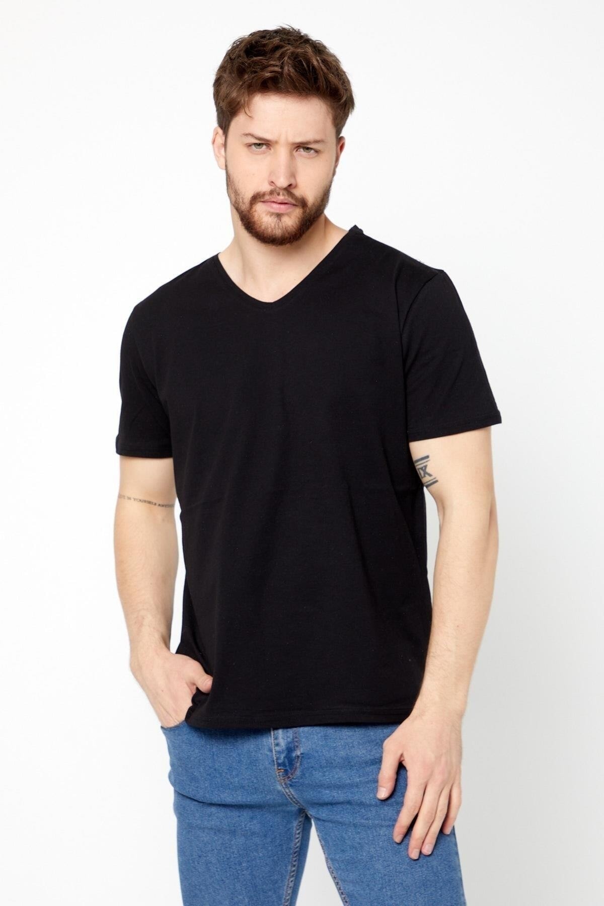 METALIC Erkek Çok Renkli T- Shirt Regular Fit Rahat Kesim V Yaka 5'li Basic Tişört Paketi PG9854