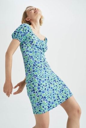 Bodycon Kalp Yaka Floral Mini Kısa Kollu Örme Elbise Y8330AZ22HS