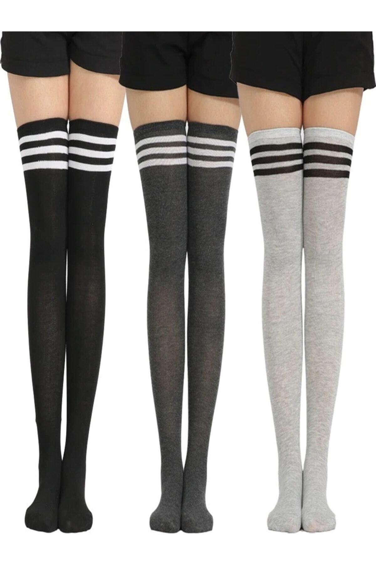 BGK Şık Dizüstü Çizgili Çorap Yeni Trend 3 Adet Siyah-füme-beyaz