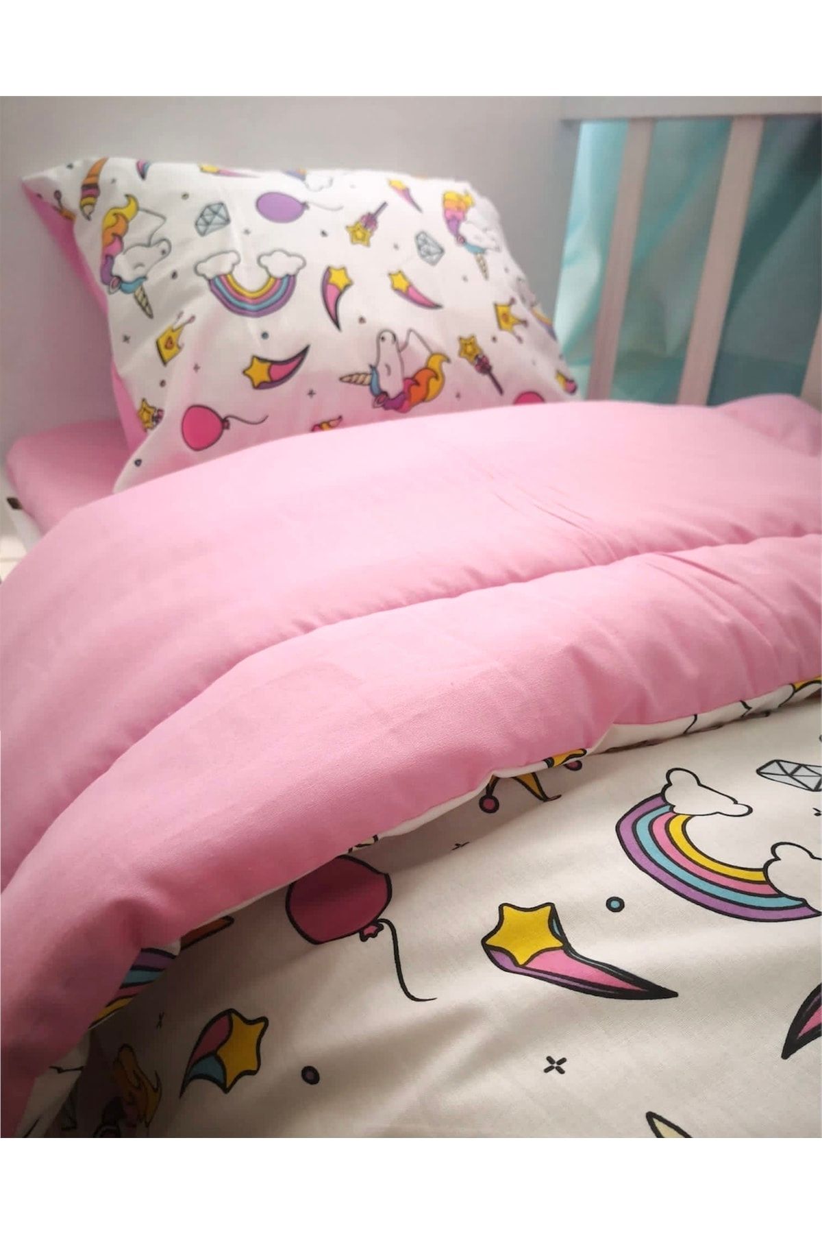 Babynia-Unicorn Pink - Set de lenjerie de pat pentru bebeluși și copii 100% bumbac, single 3