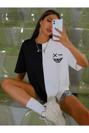 Wicromed Unisex Siyah Beyaz Sırt Baskılı Oversize Penye T-shirt TYC00484600718