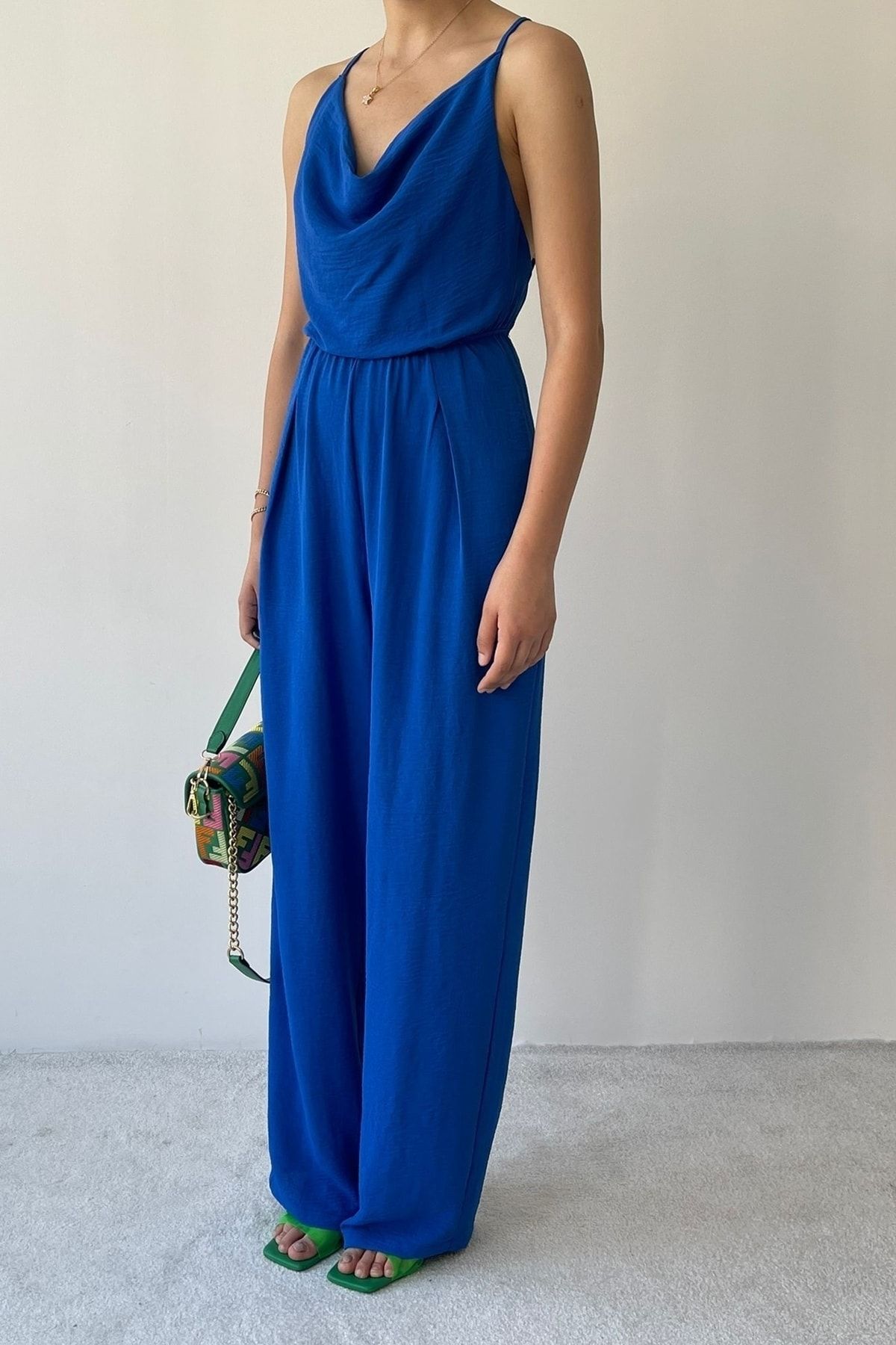 bayansepeti Cotton Aerobin Fabric Backless Strapless Blue Jumpsuit