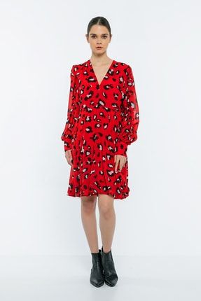 Leopar Desenli Balon Etek Mini Elbise Kırmızı 122K05005106