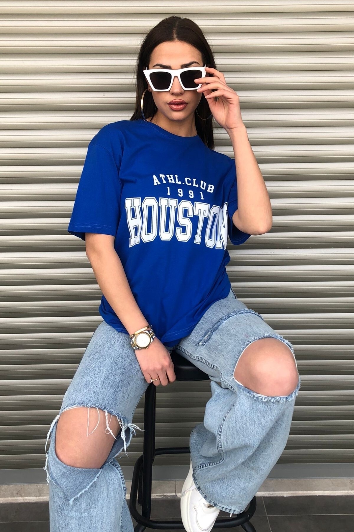 MODASOKAK Houston Baskılı Kadın Oversize Mavi T-shirt