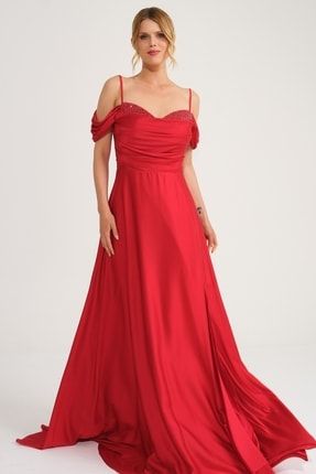 Kırmızı Degaje Yaka Taşlı Saten Abiye Elbise P-0000008048