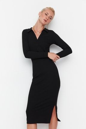 Siyah Fitilli Maxi Örme Elbise TWOAW23EL00104