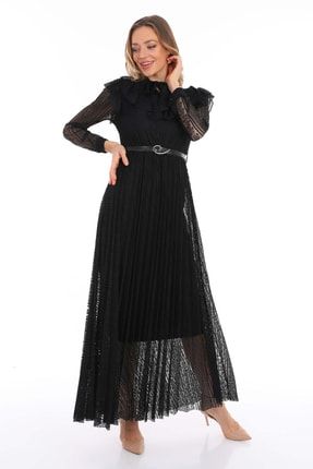 Siyah Boyundan Bağlamalı Fiyonk Detay Deri Kemerli Güpür Büyük Beden Abiye Elbise ELBISEDELISI-0125