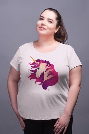 Pembe Unicorn Beyaz Kadın Pamuklu Büyük Beden Tişört YNA0215TKBBKB