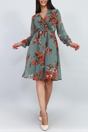 Kadın Yeşil Çiçekli Kruvaze Yaka Şifon Elbise ELBISEDELISI-0144