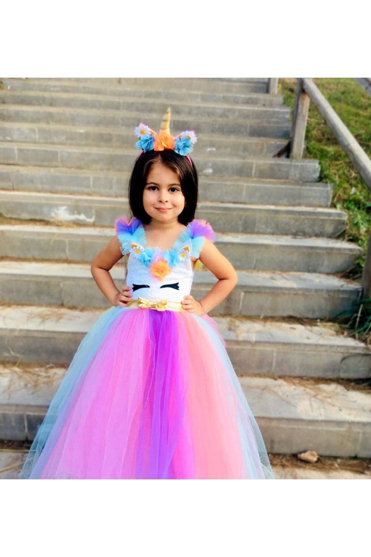 dilaydamla kids Unicorn Elbisesi Tarlatanlı Kabarık Taç Hediyeli