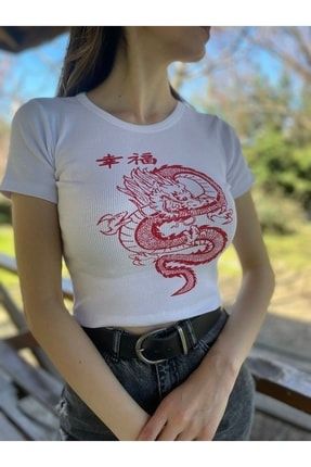 Kadın Dragon Baskılı Kaşkorse T-Shirt SENZA65