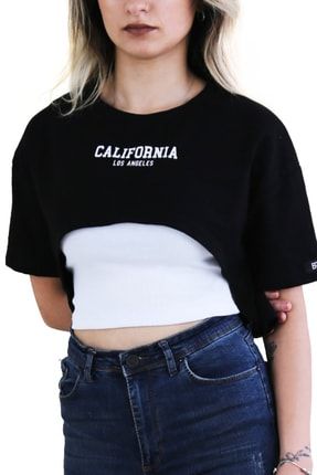 San California Iki Parça Siyah Crop T-shirt Ve Beyaz Kaşkorse Takım ART-103SB