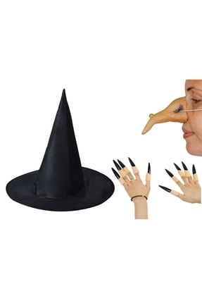 Happyland Cadılar Bayramı Halloween Siyah Cadı Şapkası Burnu Ve 10 Adet Tırnak FKL01182