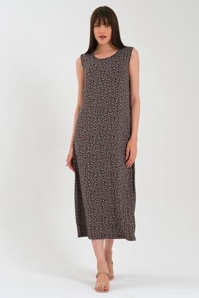 Kadın Desenli Sıfır Kol Uzun Elbise AVONES1028