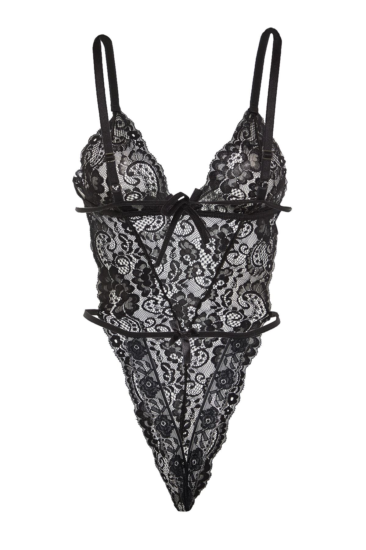 Trendyol Collection-Schwarzer Strick-Body mit Schnürriemen und Druckknöpfen aus Spitze THMAW23BD00008 6