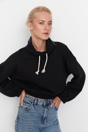 Siyah Balıkçı Yaka İnce İçi Polarlı Örme Sweatshirt TWOAW23SW00059