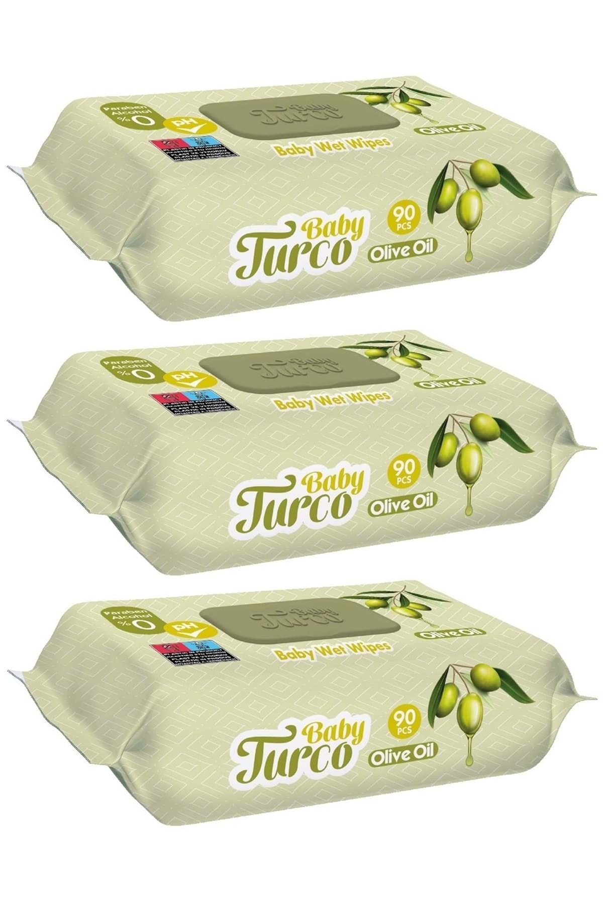 Baby Turco Islak Havlu Mendil 90 Yaprak Zeytinyağlı 3 Lü Set 270 Yaprak Plastik Kapaklı