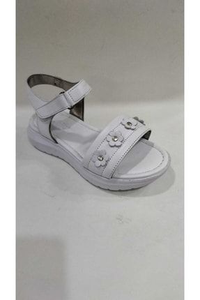 Kız Çocuk Çiçekli Beyaz Deri Sandalet tk363